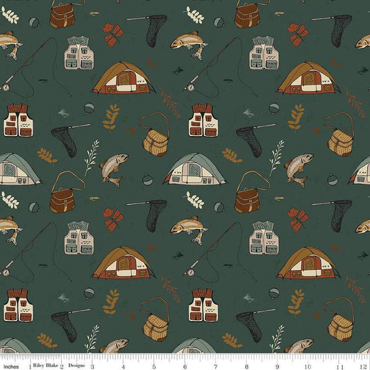 Image of Let's Wander Gone Fishing Forest quilting cotton fabric by Casey Cometti for Riley Blake Designs. Features fishing supplies on a green background. Cute Little Fabric Shop