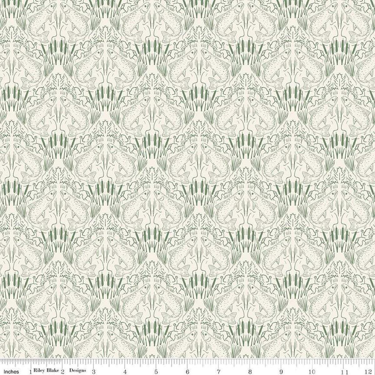 Image of Let's Wander First Catch Cream quilting cotton fabric by Casey Cometti for Riley Blake Designs. Features fish on a cream background. Cute Little Fabric Shop