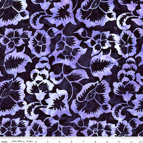 Image of Expressions Batiks Radiant Flourish Moody Blues quilting cotton fabric by The RBD Designers for Riley Blake Designs. Features flowers on a blue background. Cute Little Fabric Shop