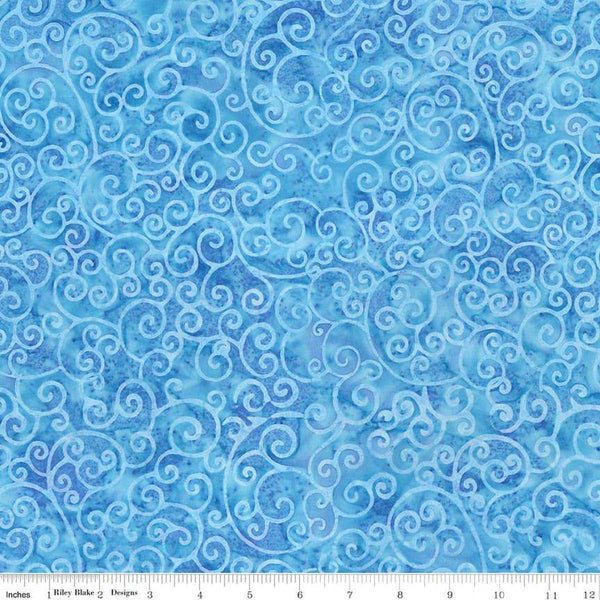Image of Expressions Batiks Radiant Flourish Blueprint Matte quilting cotton fabric by The RBD Designers for Riley Blake Designs. Features swirls on a blue background. Cute Little Fabric Shop