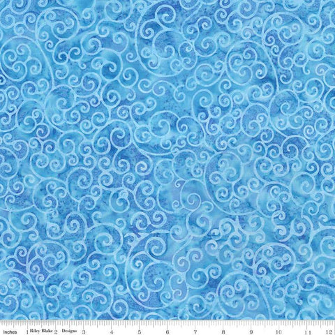 Image of Expressions Batiks Radiant Flourish Blueprint Matte quilting cotton fabric by The RBD Designers for Riley Blake Designs. Features swirls on a blue background. Cute Little Fabric Shop