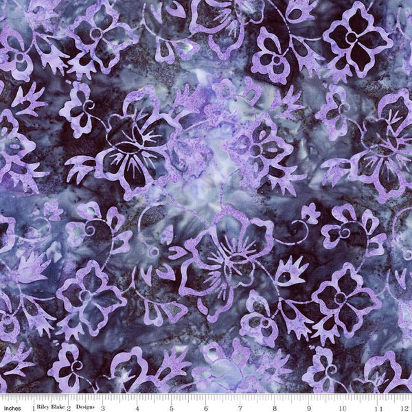 Image of Expressions Batiks Radiant Flourish Plum Blessing quilting cotton fabric by The RBD Designers for Riley Blake Designs. Features flowers on a blue background. Cute Little Fabric Shop