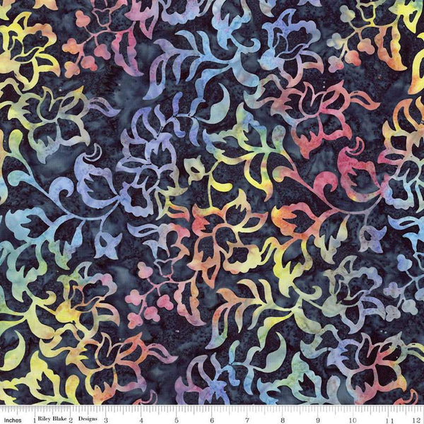 Image of Expressions Batiks Radiant Flourish Dancing Lights quilting cotton fabric by The RBD Designers for Riley Blake Designs. Features flowers on a black background. Cute Little Fabric Shop