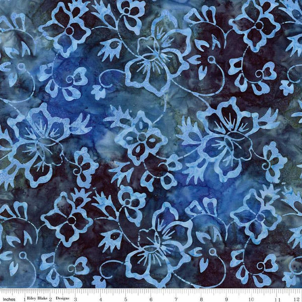 Image of Expressions Batiks Radiant Flourish Peacock quilting cotton fabric by The RBD Designers for Riley Blake Designs. Features flowers on a blue background. Cute Little Fabric Shop