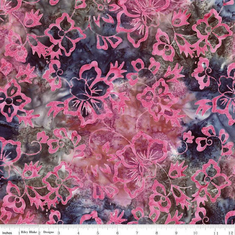 Image of Expressions Batiks Radiant Flourish Raspberry Nightshade quilting cotton fabric by The RBD Designers for Riley Blake Designs. Features flowers on a pink background. Cute Little Fabric Shop