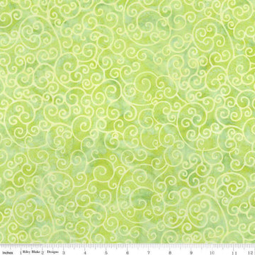 Image of Expressions Batiks Radiant Flourish Pale Lime quilting cotton fabric by The RBD Designers for Riley Blake Designs. Features swirls on a green background. Cute Little Fabric Shop