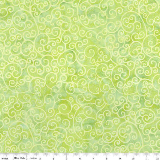 Image of Expressions Batiks Radiant Flourish Pale Lime quilting cotton fabric by The RBD Designers for Riley Blake Designs. Features swirls on a green background. Cute Little Fabric Shop