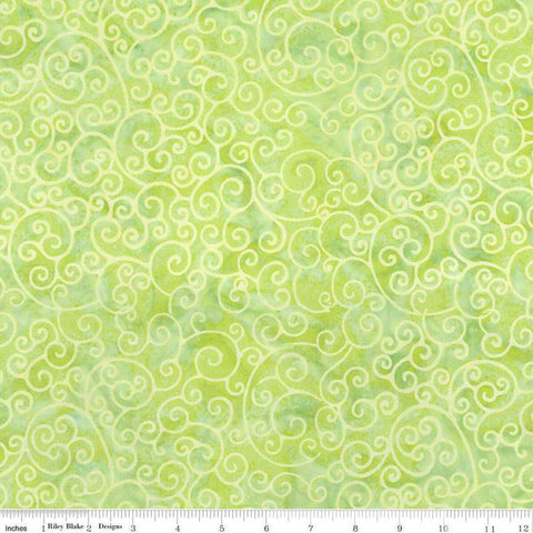 Image of Expressions Batiks Radiant Flourish Pale Lime quilting cotton fabric by The RBD Designers for Riley Blake Designs. Features swirls on a green background. Cute Little Fabric Shop