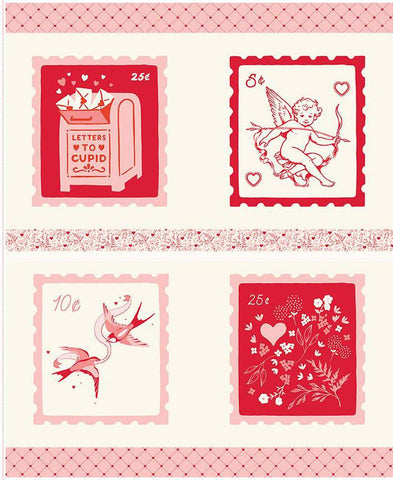 SALE Letters to Cupid Pillow Panel P16987 - Riley Blake Designs - Stamps Love Hearts Birds Flowers - Quilting Cotton Fabric