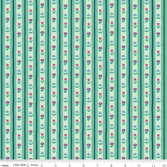 Image of The Genesis of a Journey Bavarian Mint quilting cotton fabric by Genesis Hall for Riley Blake Designs. Features stripes on a green background. Cute Little Fabric Shop