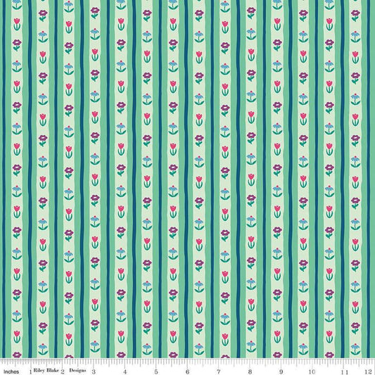Image of The Genesis of a Journey Bavarian Mint quilting cotton fabric by Genesis Hall for Riley Blake Designs. Features stripes on a green background. Cute Little Fabric Shop