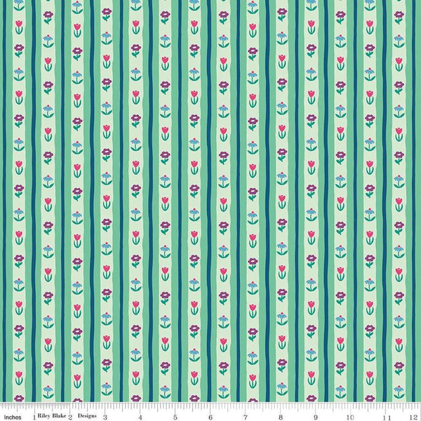 Image of The Genesis of a Journey Bavarian Mint quilting cotton fabric by Genesis Hall for Riley Blake Designs. Features stripes on a green background. Cute Little Fabric Shop