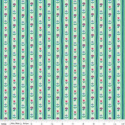 Image of The Genesis of a Journey Bavarian Mint quilting cotton fabric by Genesis Hall for Riley Blake Designs. Features stripes on a green background. Cute Little Fabric Shop