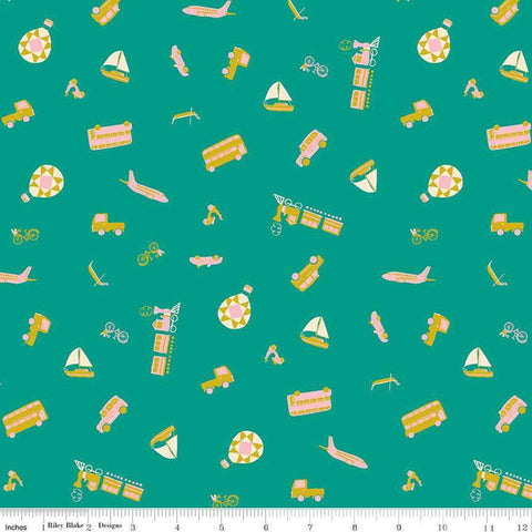 Image of The Genesis of a Journey Modes of Travel Teal quilting cotton fabric by Genesis Hall for Riley Blake Designs. Features transportation on a blue background. Cute Little Fabric Shop