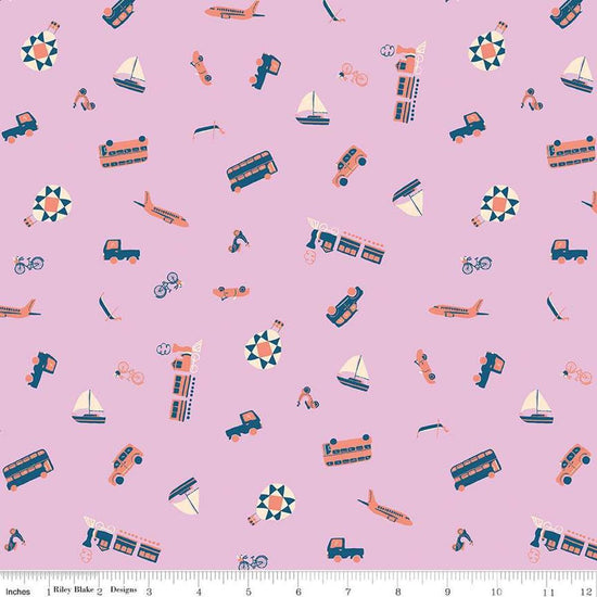 Image of The Genesis of a Journey Modes of Travel Wisteria quilting cotton fabric by Genesis Hall for Riley Blake Designs. Features transportation on a purple background. Cute Little Fabric Shop