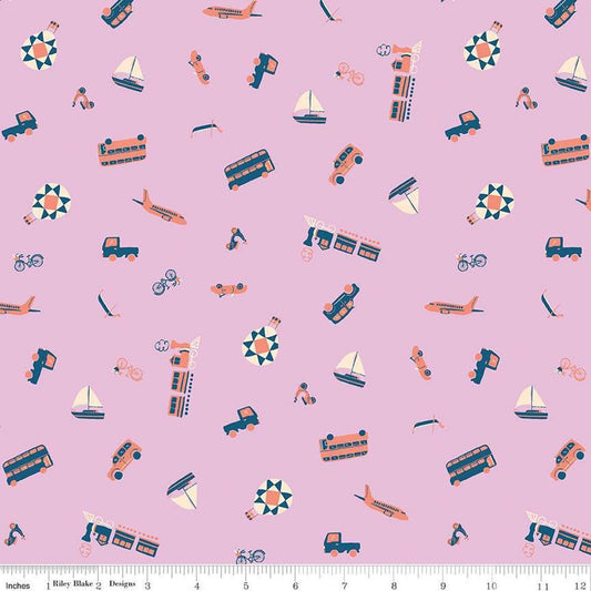 Image of The Genesis of a Journey Modes of Travel Wisteria quilting cotton fabric by Genesis Hall for Riley Blake Designs. Features transportation on a purple background. Cute Little Fabric Shop