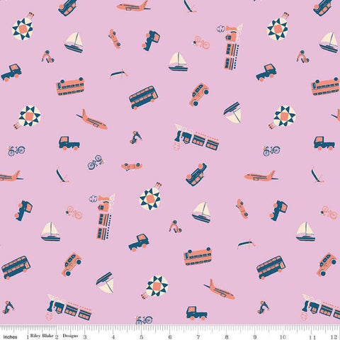 Image of The Genesis of a Journey Modes of Travel Wisteria quilting cotton fabric by Genesis Hall for Riley Blake Designs. Features transportation on a purple background. Cute Little Fabric Shop