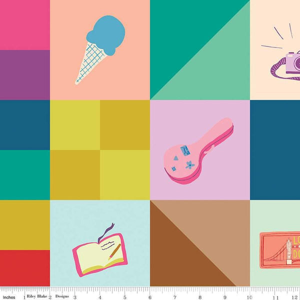 Image of The Genesis of a Journey Memories Made Cheater Print Multi quilting cotton fabric by Genesis Hall for Riley Blake Designs. Features squares on a rainbow background. Cute Little Fabric Shop