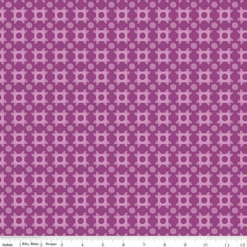 Image of The Genesis of a Journey Patchwork Piazza Grape quilting cotton fabric by Genesis Hall for Riley Blake Designs. Features squares on a purple background. Cute Little Fabric Shop