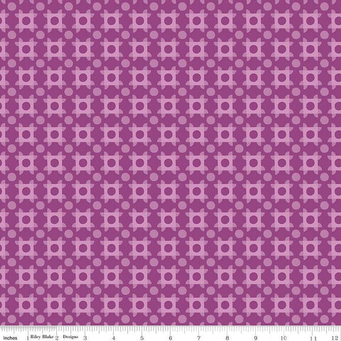 Image of The Genesis of a Journey Patchwork Piazza Grape quilting cotton fabric by Genesis Hall for Riley Blake Designs. Features squares on a purple background. Cute Little Fabric Shop