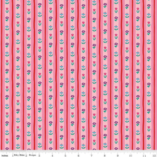 Image of The Genesis of a Journey Bavarian Rose quilting cotton fabric by Genesis Hall for Riley Blake Designs. Features stripes on a pink background. Cute Little Fabric Shop
