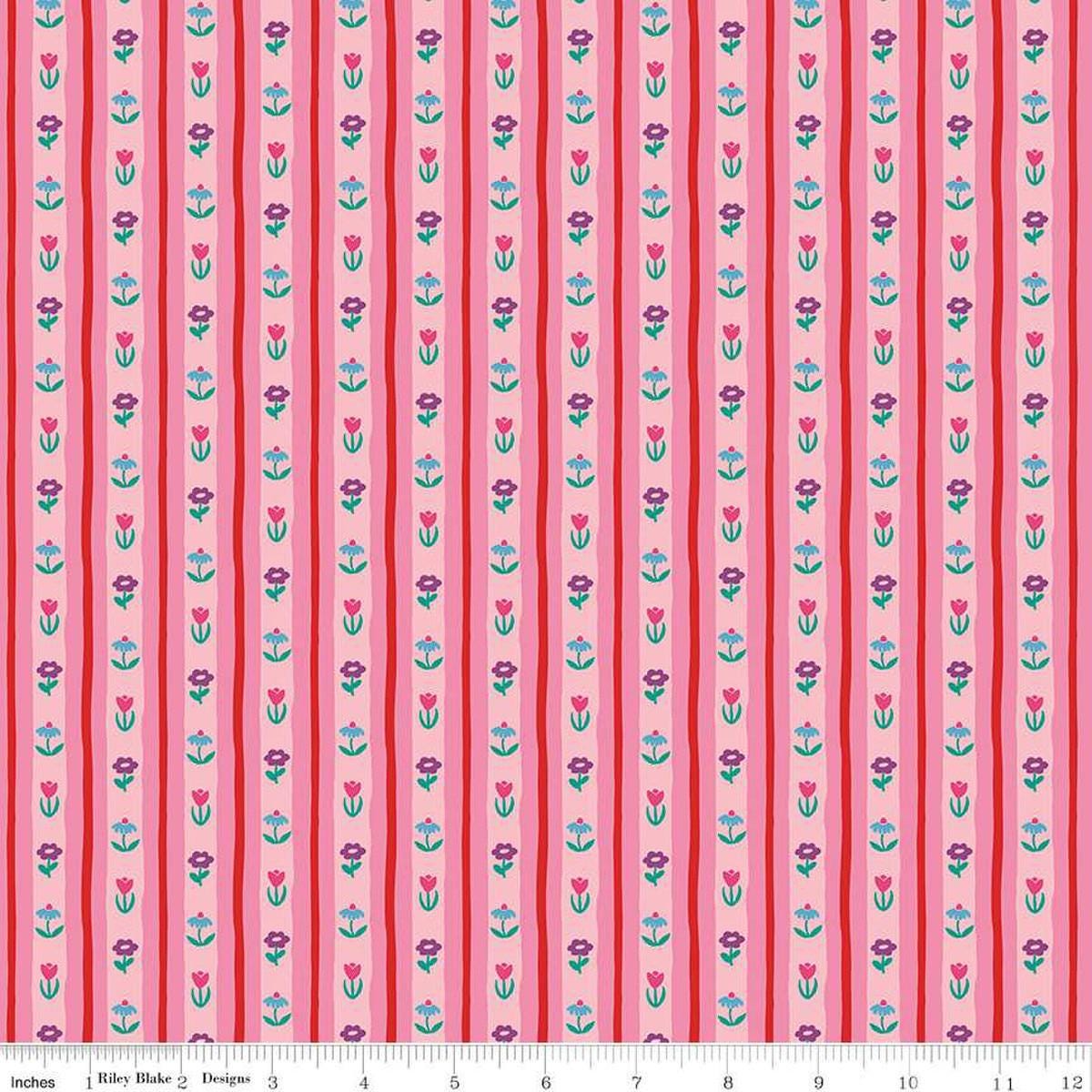 Image of The Genesis of a Journey Bavarian Rose quilting cotton fabric by Genesis Hall for Riley Blake Designs. Features stripes on a pink background. Cute Little Fabric Shop