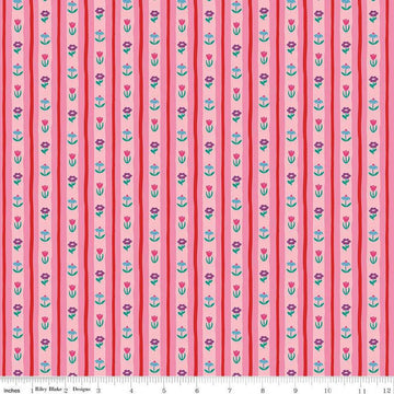 Image of The Genesis of a Journey Bavarian Rose quilting cotton fabric by Genesis Hall for Riley Blake Designs. Features stripes on a pink background. Cute Little Fabric Shop