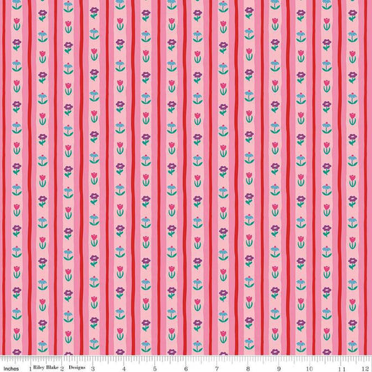 Image of The Genesis of a Journey Bavarian Rose quilting cotton fabric by Genesis Hall for Riley Blake Designs. Features stripes on a pink background. Cute Little Fabric Shop