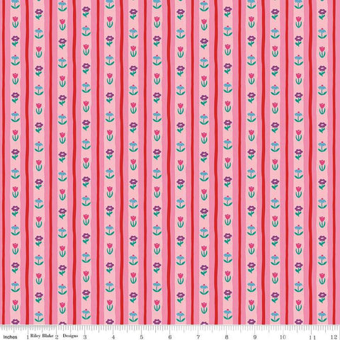 Image of The Genesis of a Journey Bavarian Rose quilting cotton fabric by Genesis Hall for Riley Blake Designs. Features stripes on a pink background. Cute Little Fabric Shop