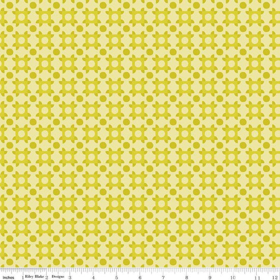 Image of The Genesis of a Journey Patchwork Piazza Citrine quilting cotton fabric by Genesis Hall for Riley Blake Designs. Features squares on a yellow background. Cute Little Fabric Shop