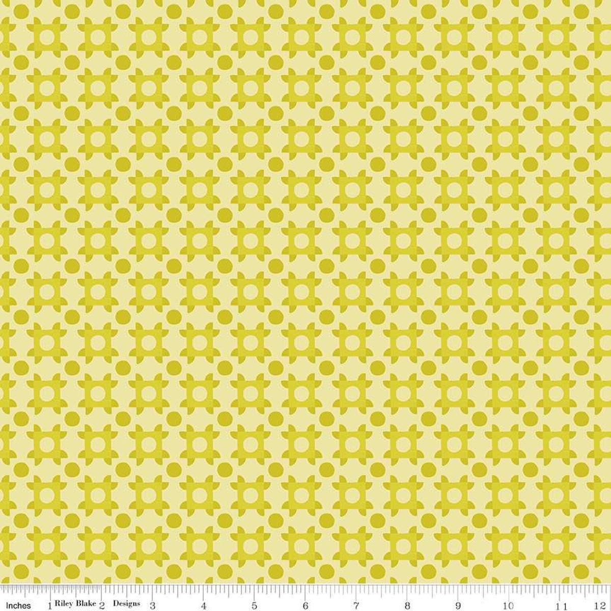 Image of The Genesis of a Journey Patchwork Piazza Citrine quilting cotton fabric by Genesis Hall for Riley Blake Designs. Features squares on a yellow background. Cute Little Fabric Shop