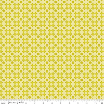Image of The Genesis of a Journey Patchwork Piazza Citrine quilting cotton fabric by Genesis Hall for Riley Blake Designs. Features squares on a yellow background. Cute Little Fabric Shop