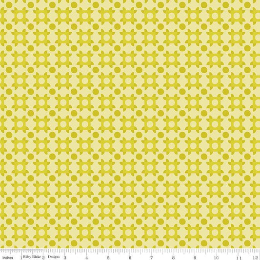 Image of The Genesis of a Journey Patchwork Piazza Citrine quilting cotton fabric by Genesis Hall for Riley Blake Designs. Features squares on a yellow background. Cute Little Fabric Shop