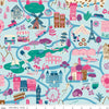Image of The Genesis of a Journey It Takes a Village Blue quilting cotton fabric by Genesis Hall for Riley Blake Designs. Features buildings on a blue background. Cute Little Fabric Shop