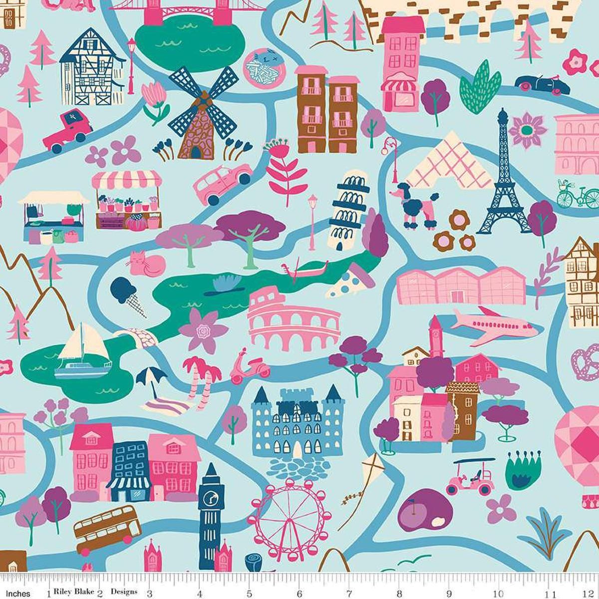 Image of The Genesis of a Journey It Takes a Village Blue quilting cotton fabric by Genesis Hall for Riley Blake Designs. Features buildings on a blue background. Cute Little Fabric Shop