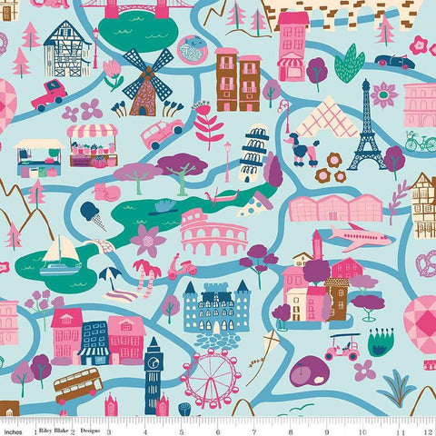 Image of The Genesis of a Journey It Takes a Village Blue quilting cotton fabric by Genesis Hall for Riley Blake Designs. Features buildings on a blue background. Cute Little Fabric Shop