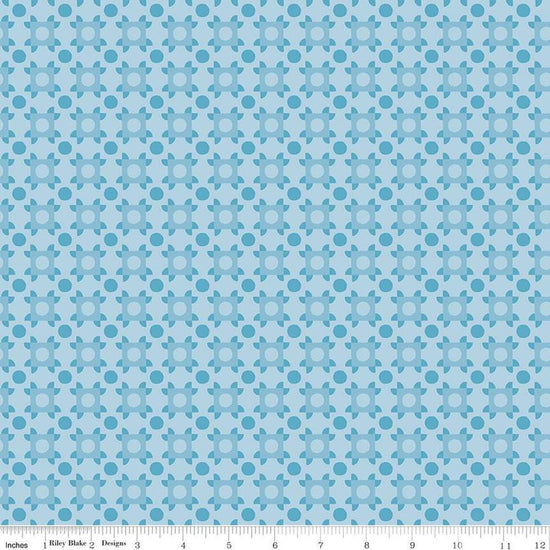 Image of The Genesis of a Journey Patchwork Piazza Blue quilting cotton fabric by Genesis Hall for Riley Blake Designs. Features squares on a blue background. Cute Little Fabric Shop