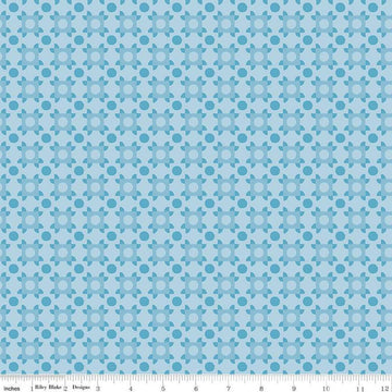 Image of The Genesis of a Journey Patchwork Piazza Blue quilting cotton fabric by Genesis Hall for Riley Blake Designs. Features squares on a blue background. Cute Little Fabric Shop