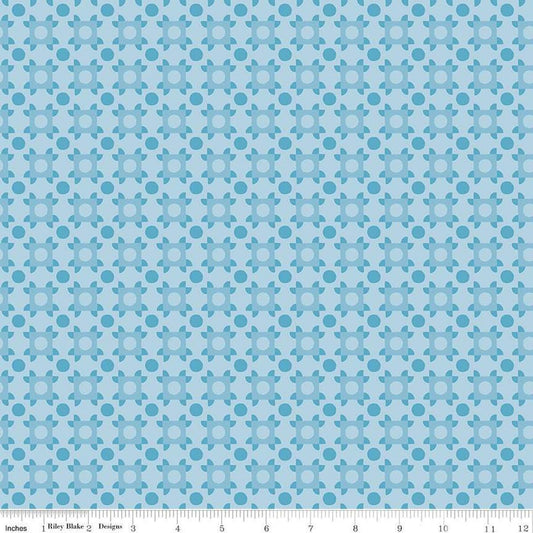 Image of The Genesis of a Journey Patchwork Piazza Blue quilting cotton fabric by Genesis Hall for Riley Blake Designs. Features squares on a blue background. Cute Little Fabric Shop