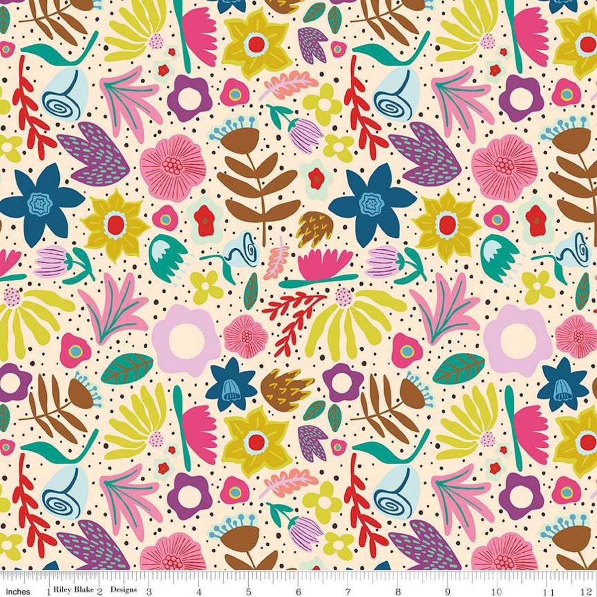 Image of The Genesis of a Journey Along the Way Cream quilting cotton fabric by Genesis Hall for Riley Blake Designs. Features flowers on a cream background. Cute Little Fabric Shop