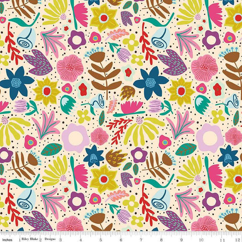 Image of The Genesis of a Journey Along the Way Cream quilting cotton fabric by Genesis Hall for Riley Blake Designs. Features flowers on a cream background. Cute Little Fabric Shop