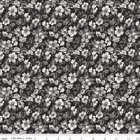 Image of Ivory & Ink Floral Ink quilting cotton fabric by The RBD Designers for Riley Blake Designs. Features flowers on a black background. Cute Little Fabric Shop