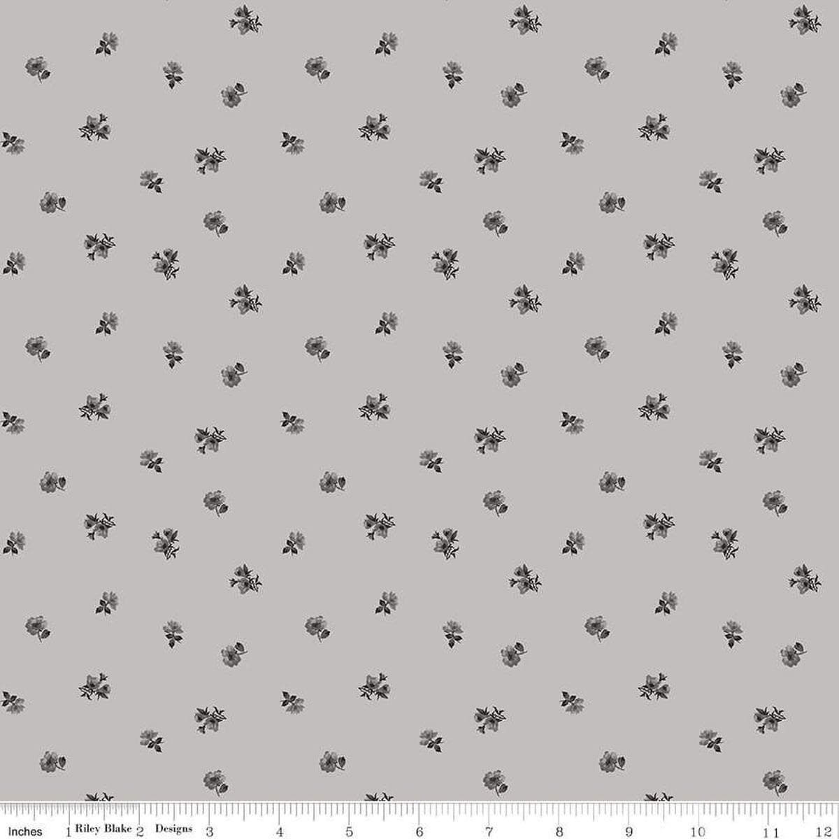 Image of Ivory & Ink Ditsy Gray quilting cotton fabric by The RBD Designers for Riley Blake Designs. Features flowers on a gray background. Cute Little Fabric Shop