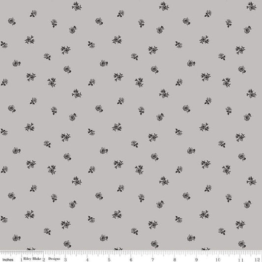 Image of Ivory & Ink Ditsy Gray quilting cotton fabric by The RBD Designers for Riley Blake Designs. Features flowers on a gray background. Cute Little Fabric Shop