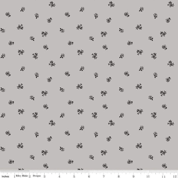 Image of Ivory & Ink Ditsy Gray quilting cotton fabric by The RBD Designers for Riley Blake Designs. Features flowers on a gray background. Cute Little Fabric Shop