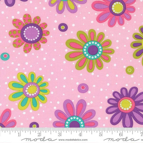 Image of Pick Me Flower Power Bloom Petal quilting cotton fabric by Me and My Sister Designs for Moda Fabrics. Features flowers on a pink background. Cute Little Fabric Shop