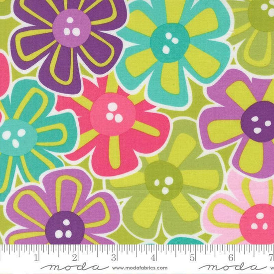 Image of Pick Me Petal Pickin Florals Lime quilting cotton fabric by Me and My Sister Designs for Moda Fabrics. Features flowers on a green background. Cute Little Fabric Shop