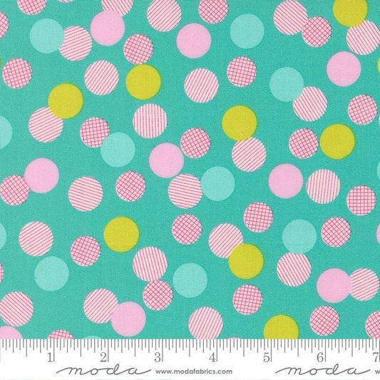 Image of Pick Me Playful Dot Aqua quilting cotton fabric by Me and My Sister Designs for Moda Fabrics. Features dots on a blue background. Cute Little Fabric Shop