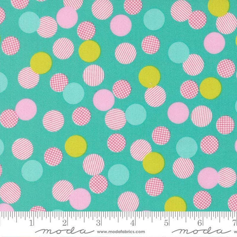 Image of Pick Me Playful Dot Aqua quilting cotton fabric by Me and My Sister Designs for Moda Fabrics. Features dots on a blue background. Cute Little Fabric Shop