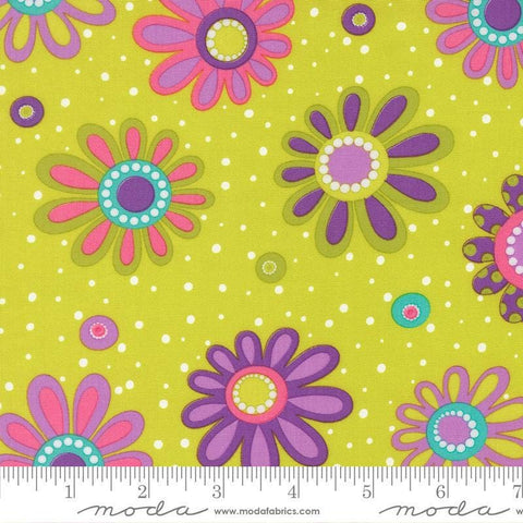 Image of Pick Me Flower Power Bloom Lime quilting cotton fabric by Me and My Sister Designs for Moda Fabrics. Features flowers on a green background. Cute Little Fabric Shop